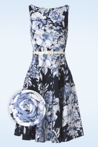 Vintage Chic for Topvintage - Francine Flower Swing Dress en Bleu Marine et Blanc