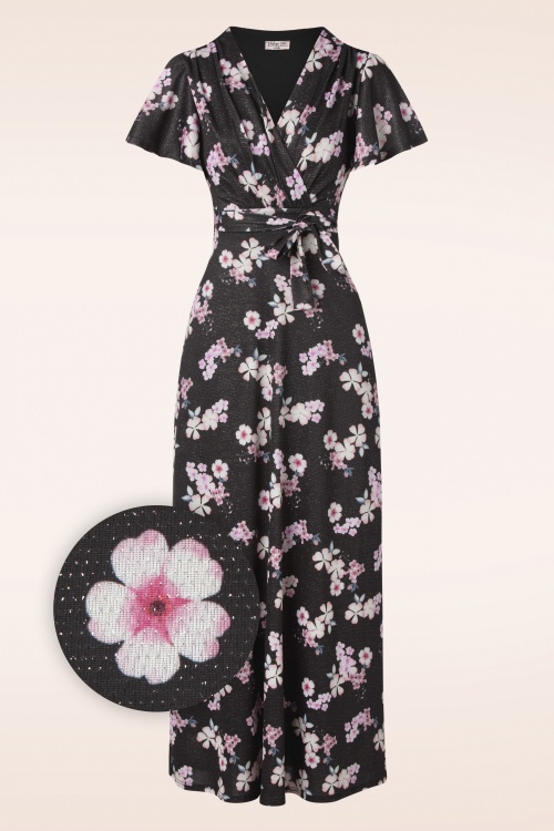 Vintage Chic for Topvintage - Feline Floral Glitter Maxi Dress en Noir
