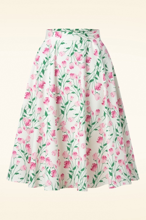 Topvintage Boutique Collection - Exclusief Topvintage ~ Adriana Floral Swing Rok in wit en roze