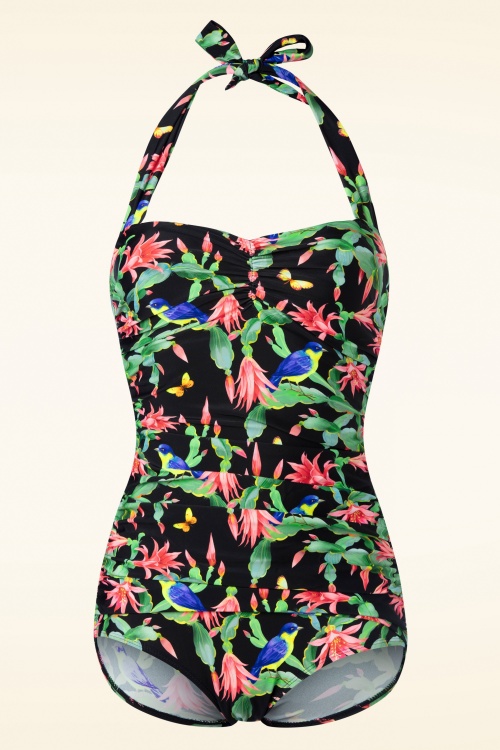 Esther Williams - Tropical One Piece Halter Swimsuit in Black 2