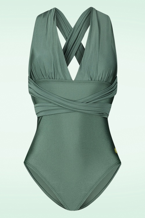 TC Beach - 50s Multiway Palm Leaves Swimsuit in Green