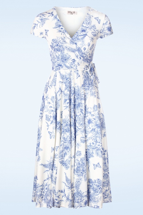 Vintage Chic for Topvintage - Layla Floral Swing Kleid in Weiß und Blau 2