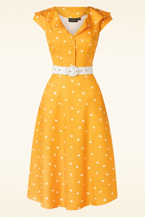 Vixen - Dotty Wide Collar Midi Dress en Jaune Curry