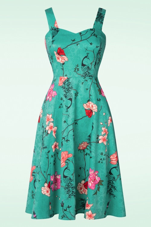 Banned Retro - Peacock Rose Swing Dress in Teal