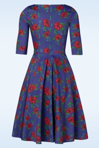 Topvintage Boutique Collection - Exclusief bij Topvintage ~ Adriana Swingjurk met lange mouwen en bloemen in donkerblauw 4