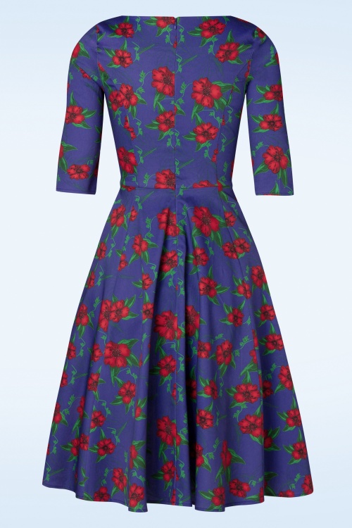 Topvintage Boutique Collection - Topvintage exclusive ~ Adriana Floral Long Sleeve Swing Dress Années 50 en Bleu Foncé 4