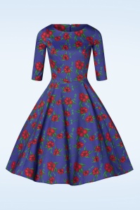 Topvintage Boutique Collection - Exklusiv bei Topvintage ~ Adriana Florales Langarm Swing Kleid in Dunkelblau 2