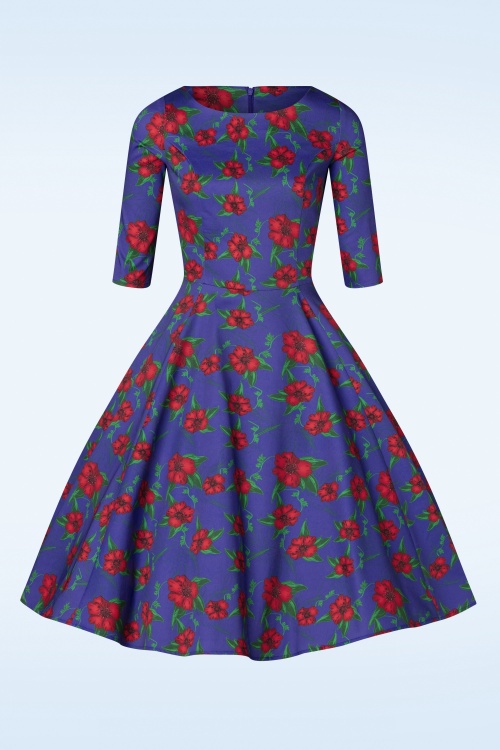 Topvintage Boutique Collection - Topvintage exclusive ~ Adriana Floral Long Sleeve Swing Dress Années 50 en Bleu Foncé 2