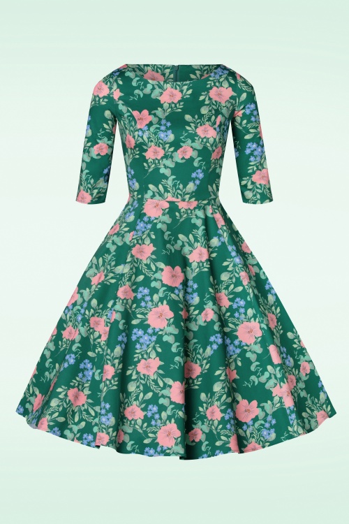 Topvintage Boutique Collection - Exklusiv bei Topvintage ~ Adriana Florales, langärmliges Swing Kleid in Grün 2