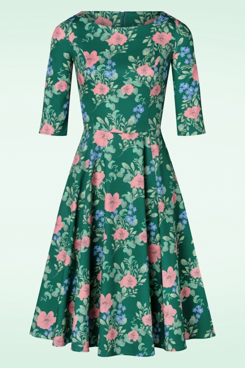 Topvintage Boutique Collection - Topvintage exclusive ~ Adriana Floral Long Sleeve Swing Dress Années 50 en Vert
