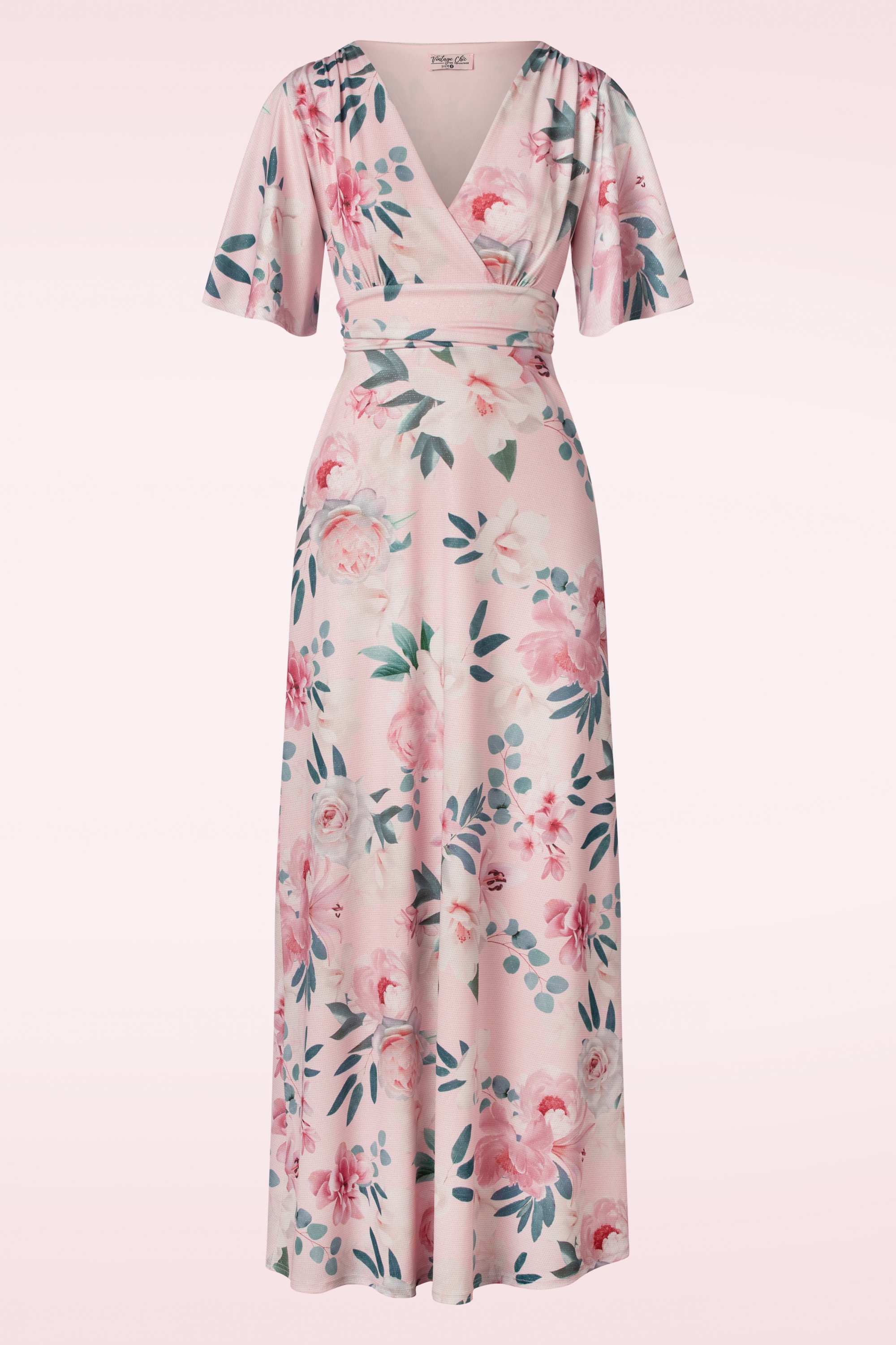 Vintage Chic for Topvintage - Eleanor floral glitter maxi jurk in roze