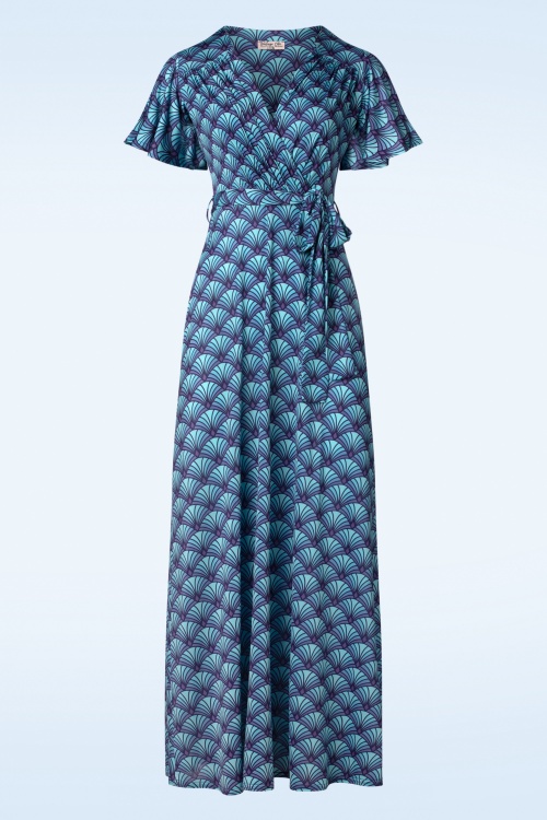 Vintage Chic for Topvintage - Jazzy Fan maxi overslag jurk in paars en blauw