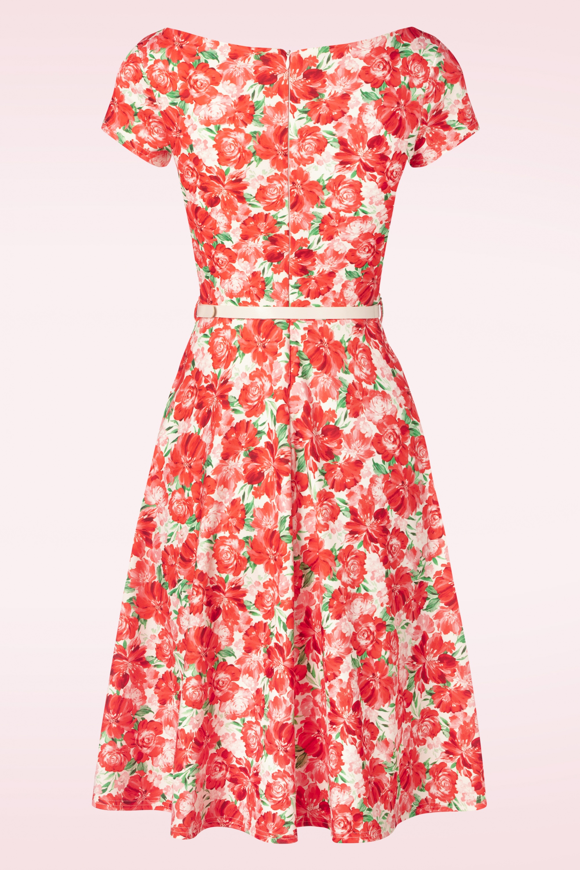 Vintage Chic for Topvintage - Ronanda floral swing jurk in wit en rood 3