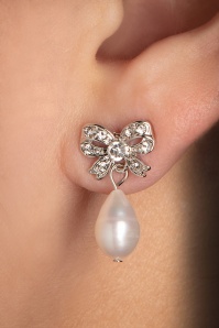 Lovely - Freshwater Pearl and Bow Stud Earrings in Silver