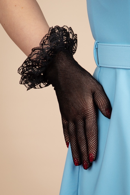 Lovely Legs - Trixie Fishnet Lace Ruffle Gloves in Black
