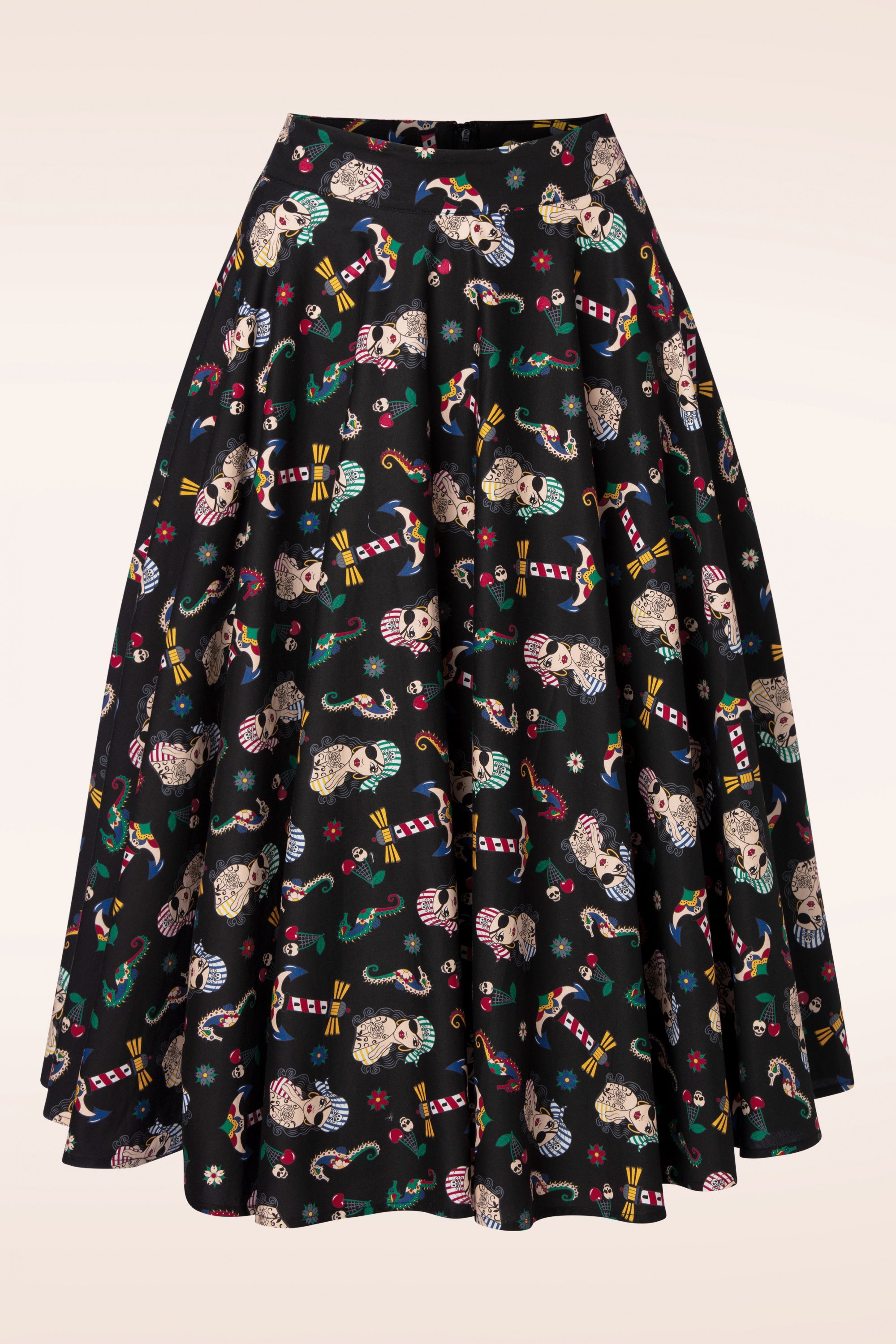 Banned Retro - Anchor Pin Up Swing Skirt en Noir