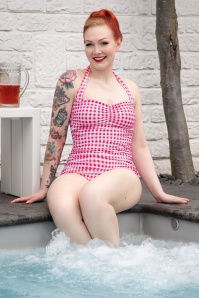 Esther Williams - 50s Classic One Piece Gingham Swimsuit in Raspberry Red and White 2