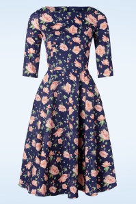 Topvintage Boutique Collection - Topvintage exclusive ~ Adriana swingjurk met lange mouwen en bloemen in donkerblauw 3