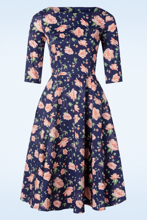 Topvintage Boutique Collection - Topvintage exclusive ~ Adriana swingjurk met lange mouwen en bloemen in donkerblauw 3