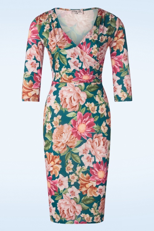 Vintage Chic for Topvintage - Amina penciljurk met bloemenprint in groenblauw  2