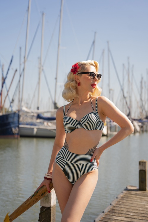 50s Holi Vintage High Waist Bikini Briefs in Blue and Ecru