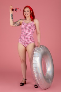 Esther Williams - Classic One Piece Gingham badpak in frambozenrood en wit 5