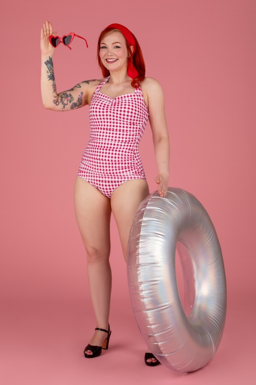 Esther Williams - Classic One Piece Gingham badpak in frambozenrood en wit