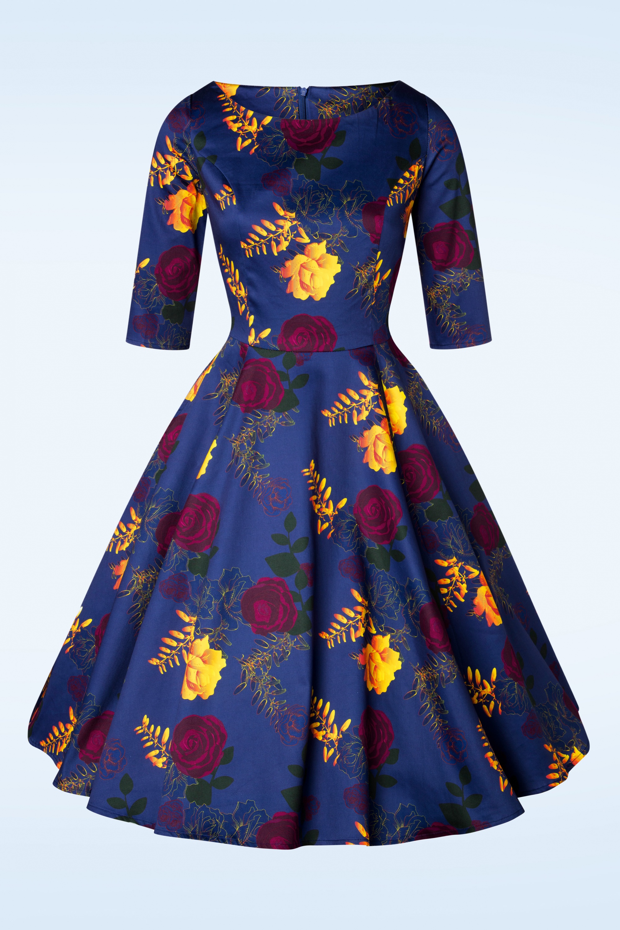 Topvintage Boutique Collection - Exclusief bij Topvintage ~Adriana Swingjurk met lange mouwen en bloemen in marineblauw 3