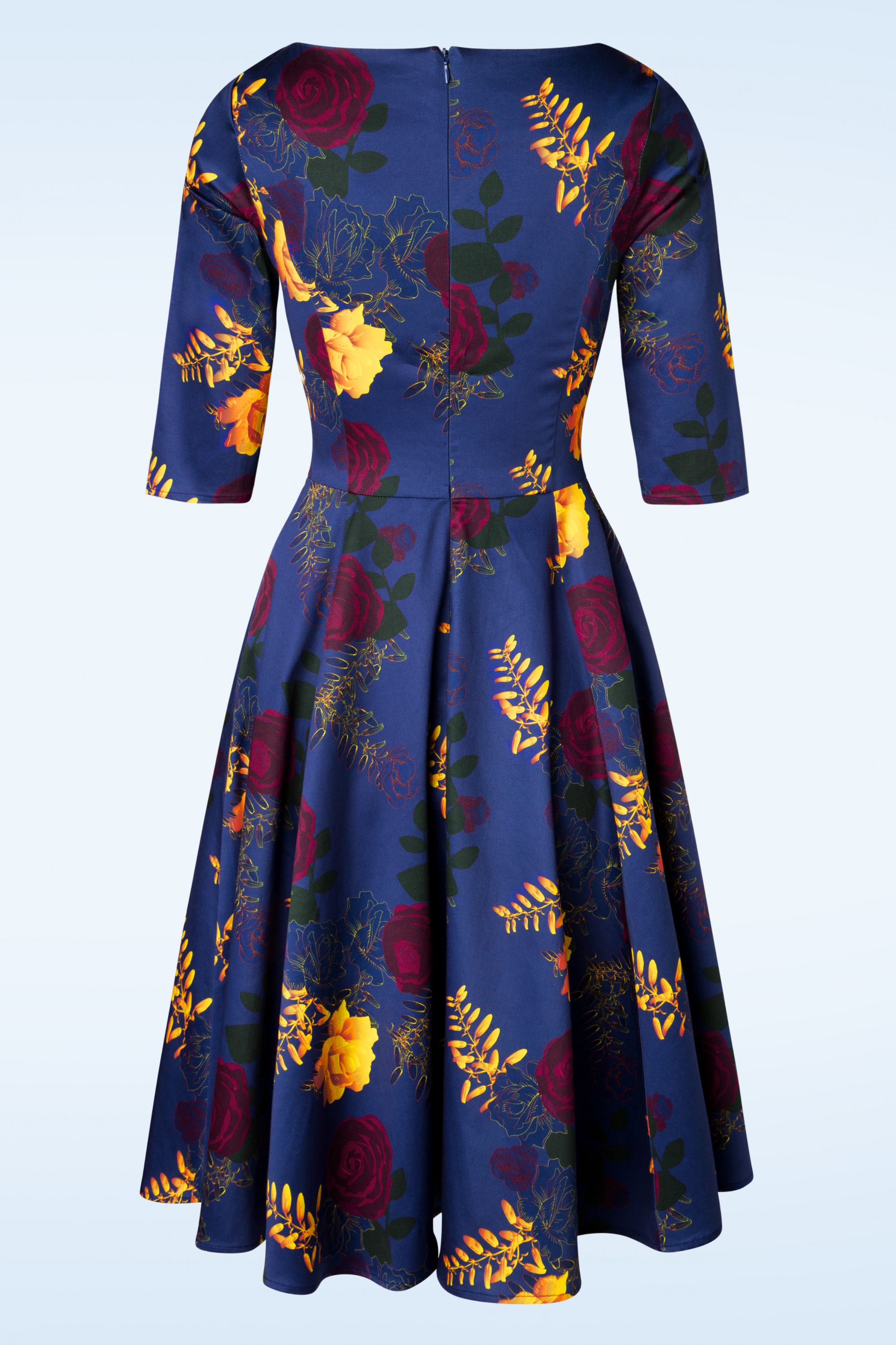 Topvintage Boutique Collection - Exclusief bij Topvintage ~Adriana Swingjurk met lange mouwen en bloemen in marineblauw 5