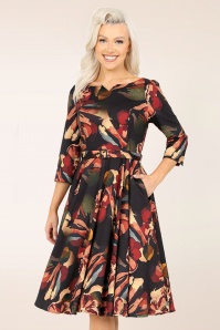 Hearts & Roses - Oranje bloemen swing jurk in zwart