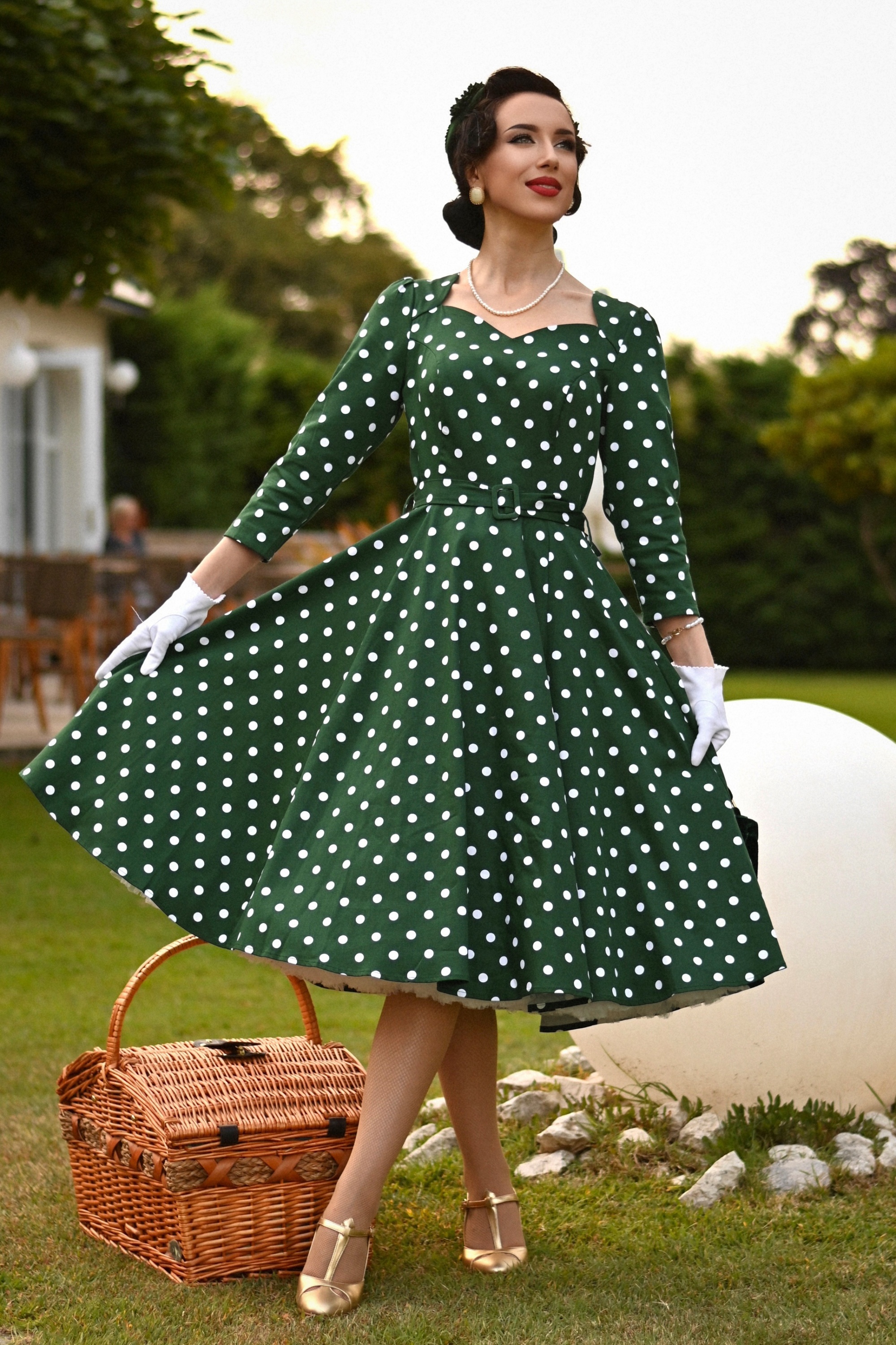 50s Olivia Swing Polkadot Dress in Green and White