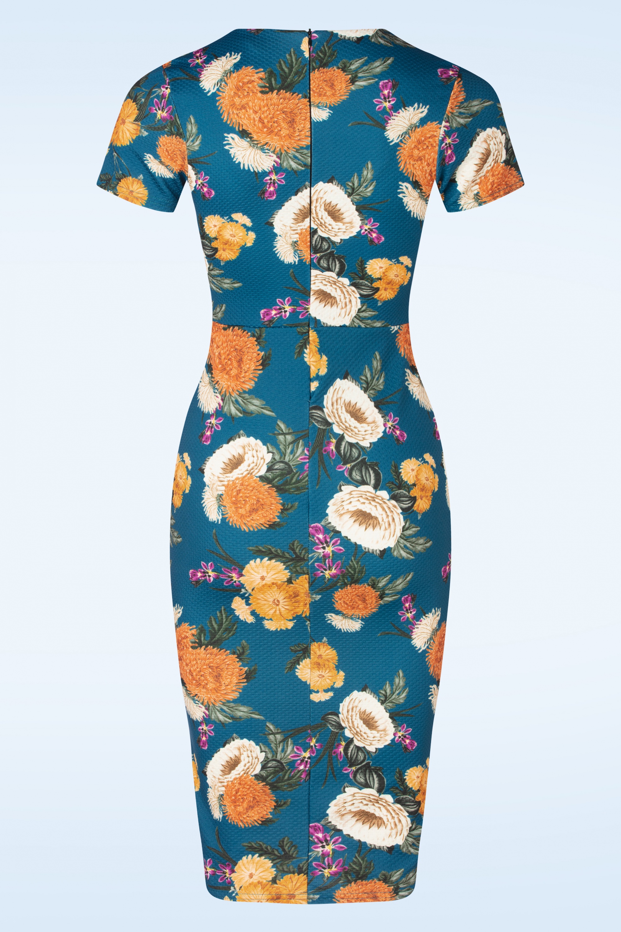 Vintage Chic for Topvintage - Dahlia floral pencil jurk in blauw 2