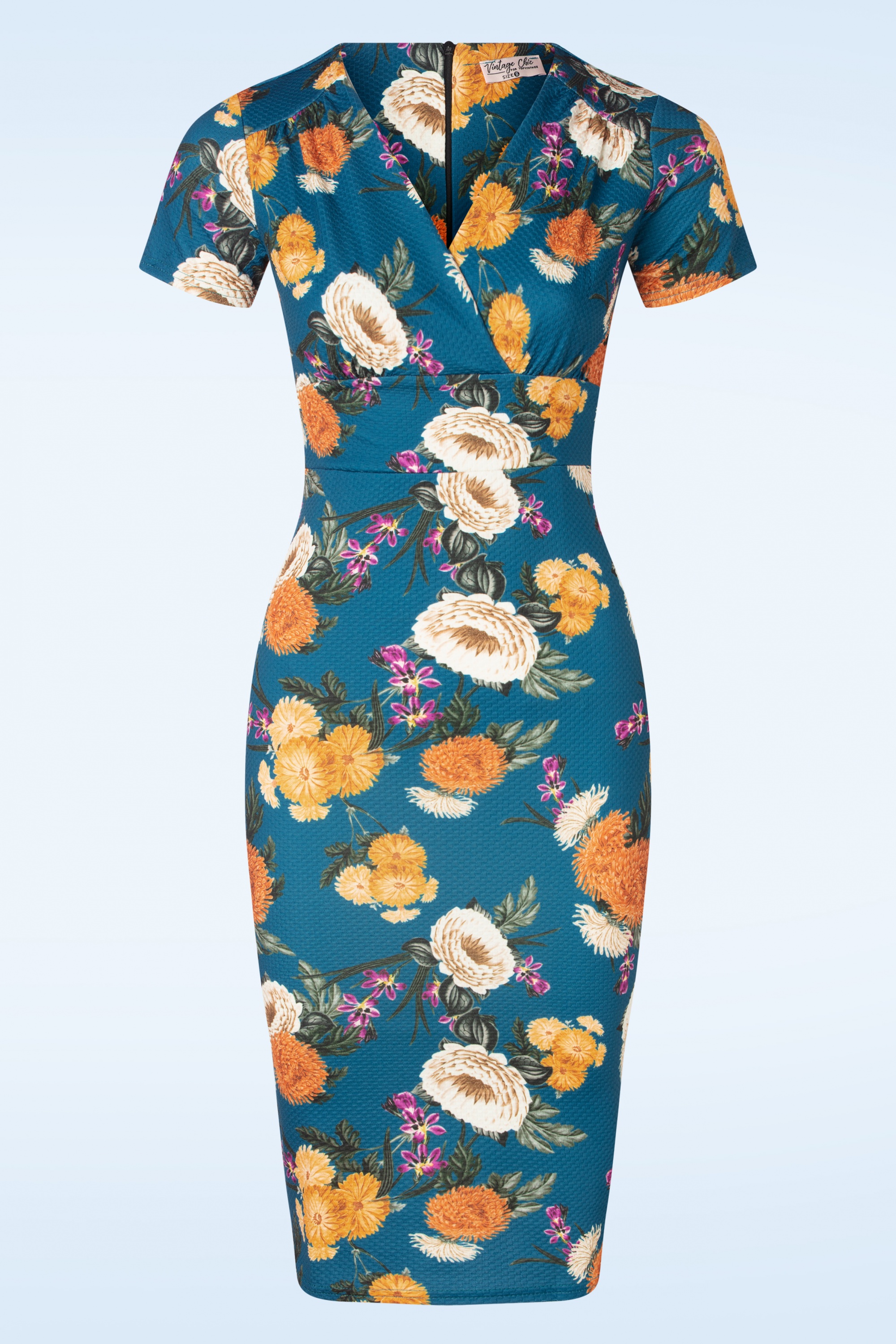 Vintage Chic for Topvintage - Dahlia floral pencil jurk in blauw