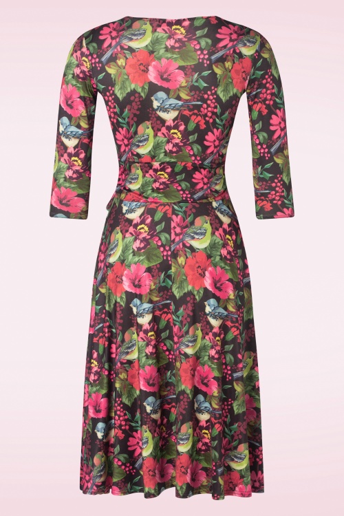 Vintage Chic for Topvintage - Aria floral bird print swing jurk in zwart 2