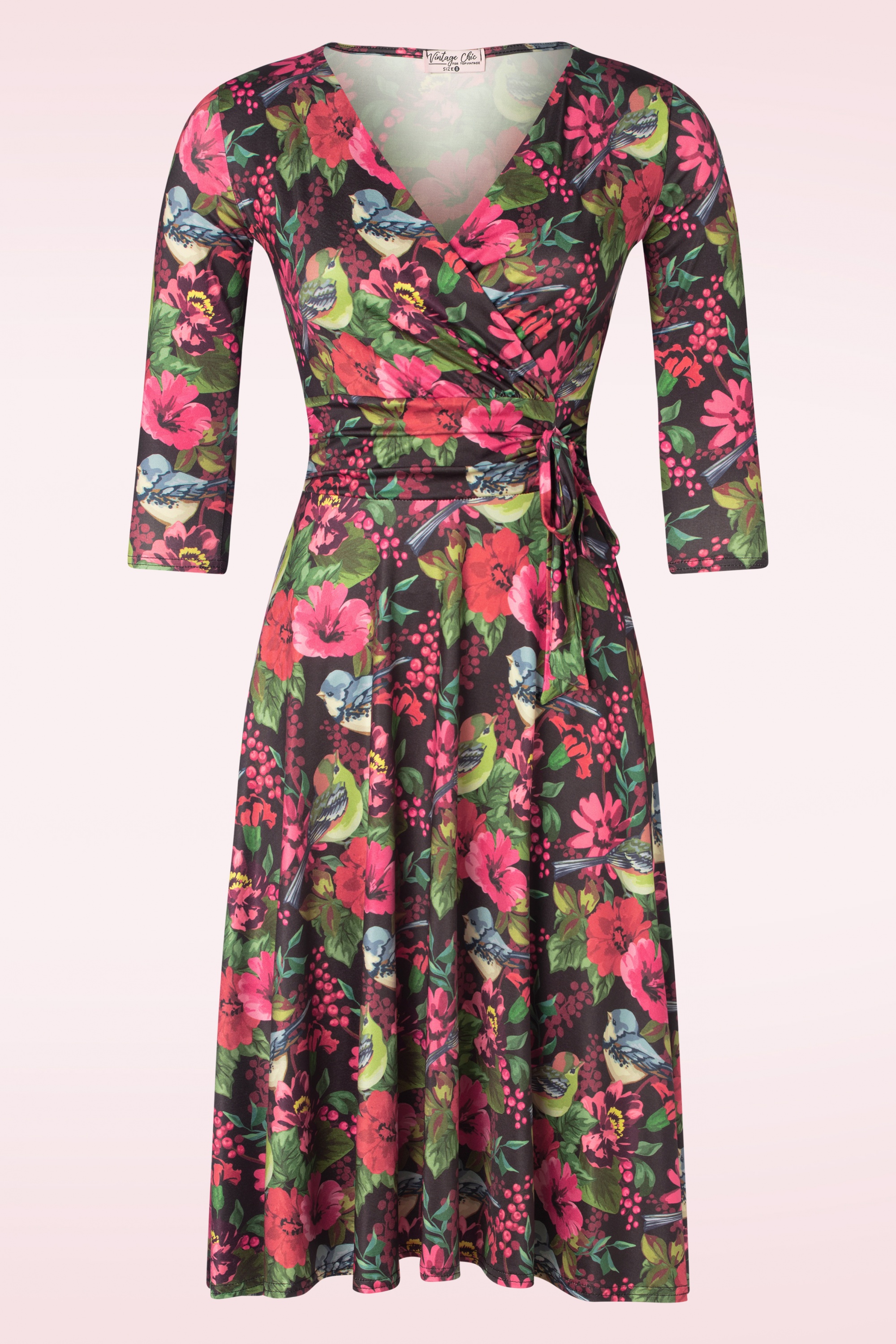 Vintage Chic for Topvintage - Aria floral bird print swing jurk in zwart