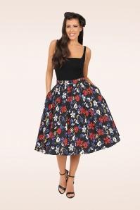 Hearts & Roses - Milly floral swing rok in zwart