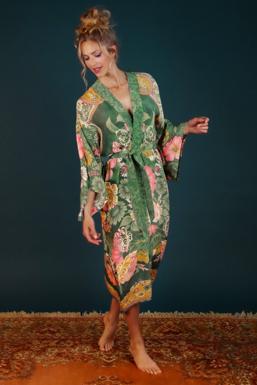 Powder - Folk Art Floral Lux Lange Kimono Robe in Farn Grün