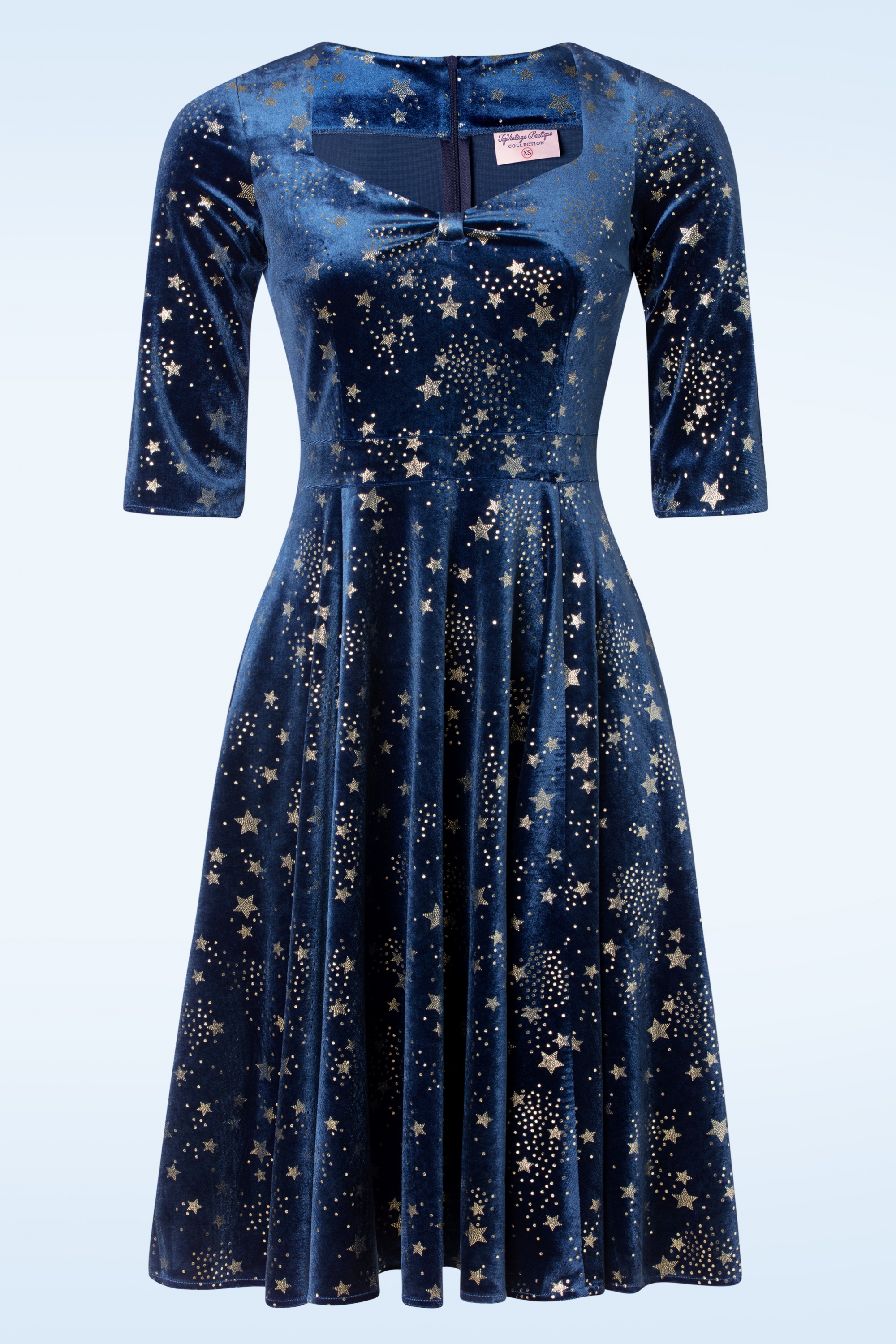 Topvintage Boutique Collection - Exclusief bij Topvintage ~ Eliane Velvet Stars Swing Jurk in Marineblauw