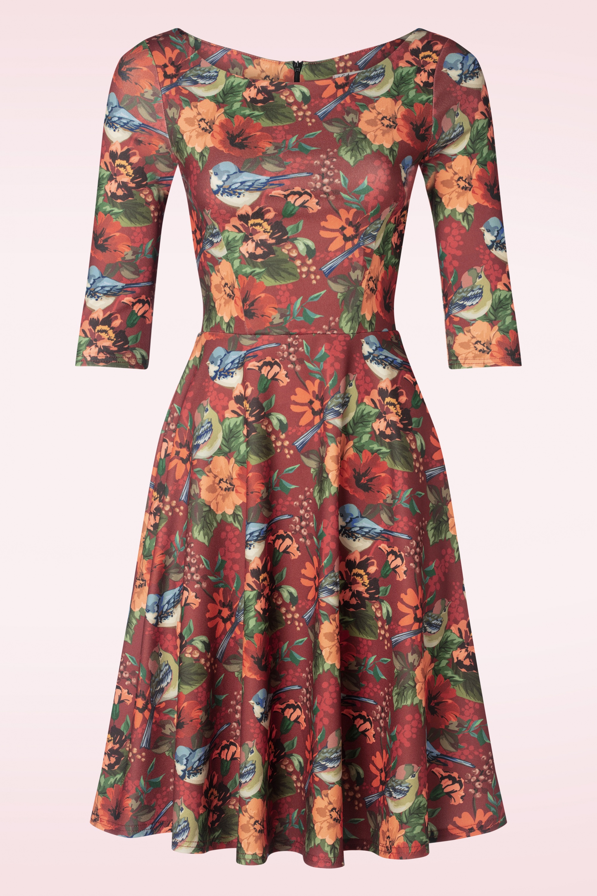 Vintage Chic for Topvintage - Aria Floral Bird Print Swing Jurk in Maroon