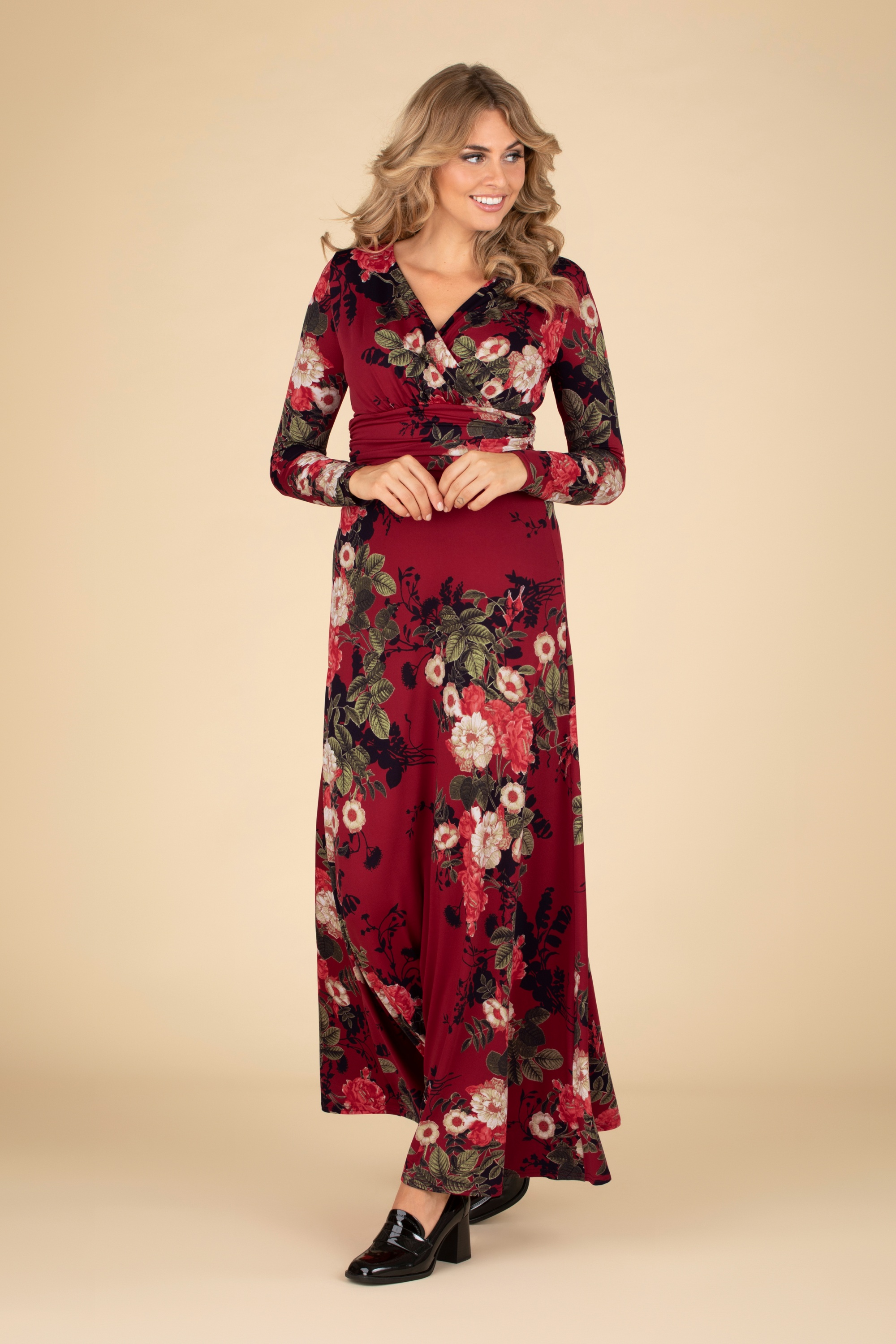 Vintage Chic for Topvintage - Maribelle overslagmaxi-jurk met bloemen in rood 4