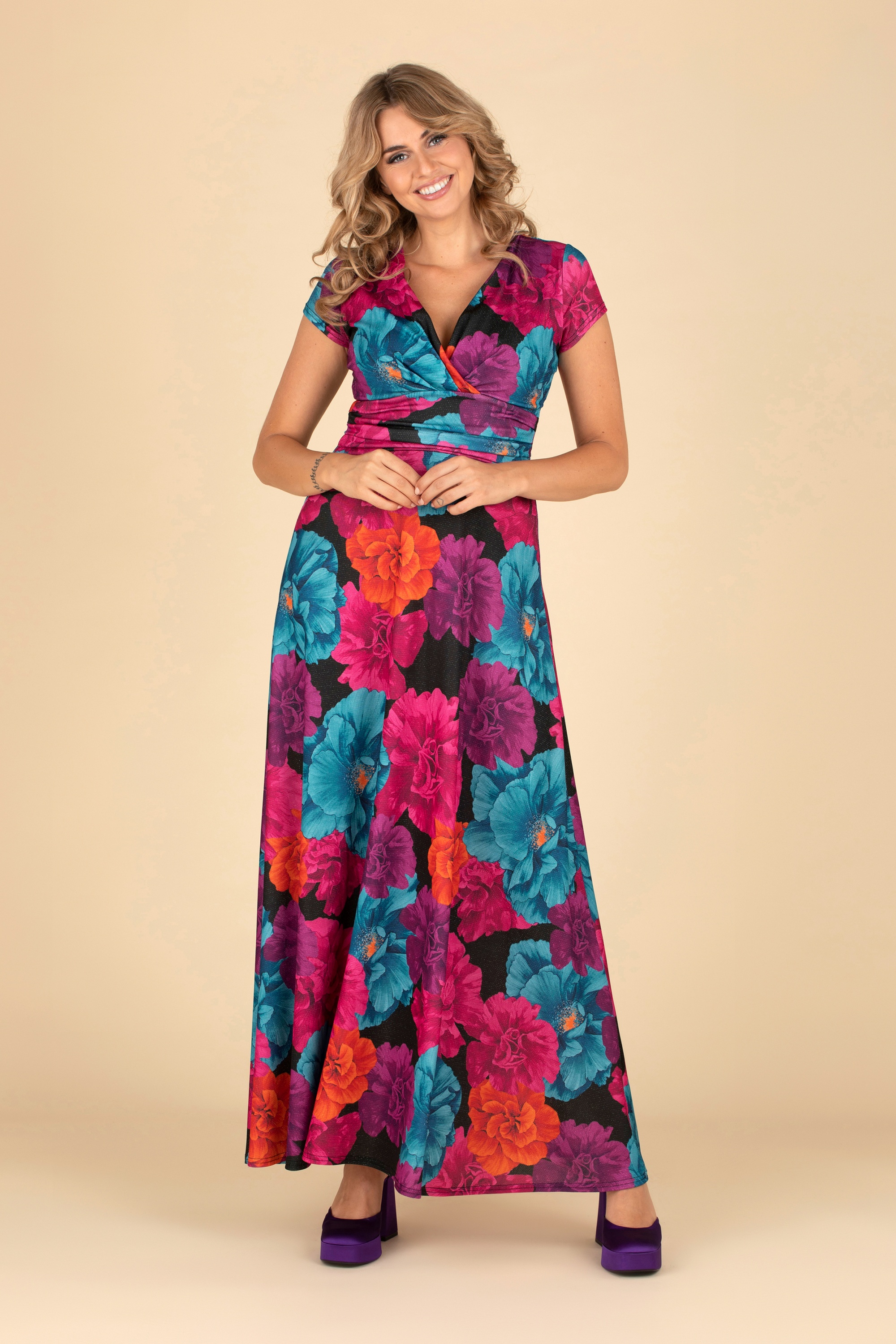 Vintage Chic for Topvintage - Rinda floral glitter maxi-jurk met in zwart