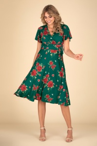 Vintage Chic for Topvintage - Irene Flower Cross Over Swing Dress en Vert Soyeux 3