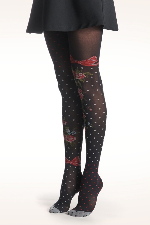 Fil de Jour - Flower and Polkadots Tights in Black 2