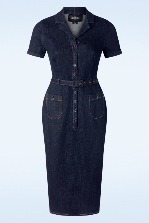 Collectif Clothing - Caterina denim pencil jurk in blauw 2