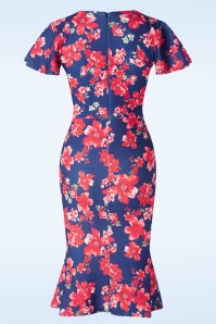 Vintage Chic for Topvintage - Katie Floral pencil jurk in marineblauw en rood 2