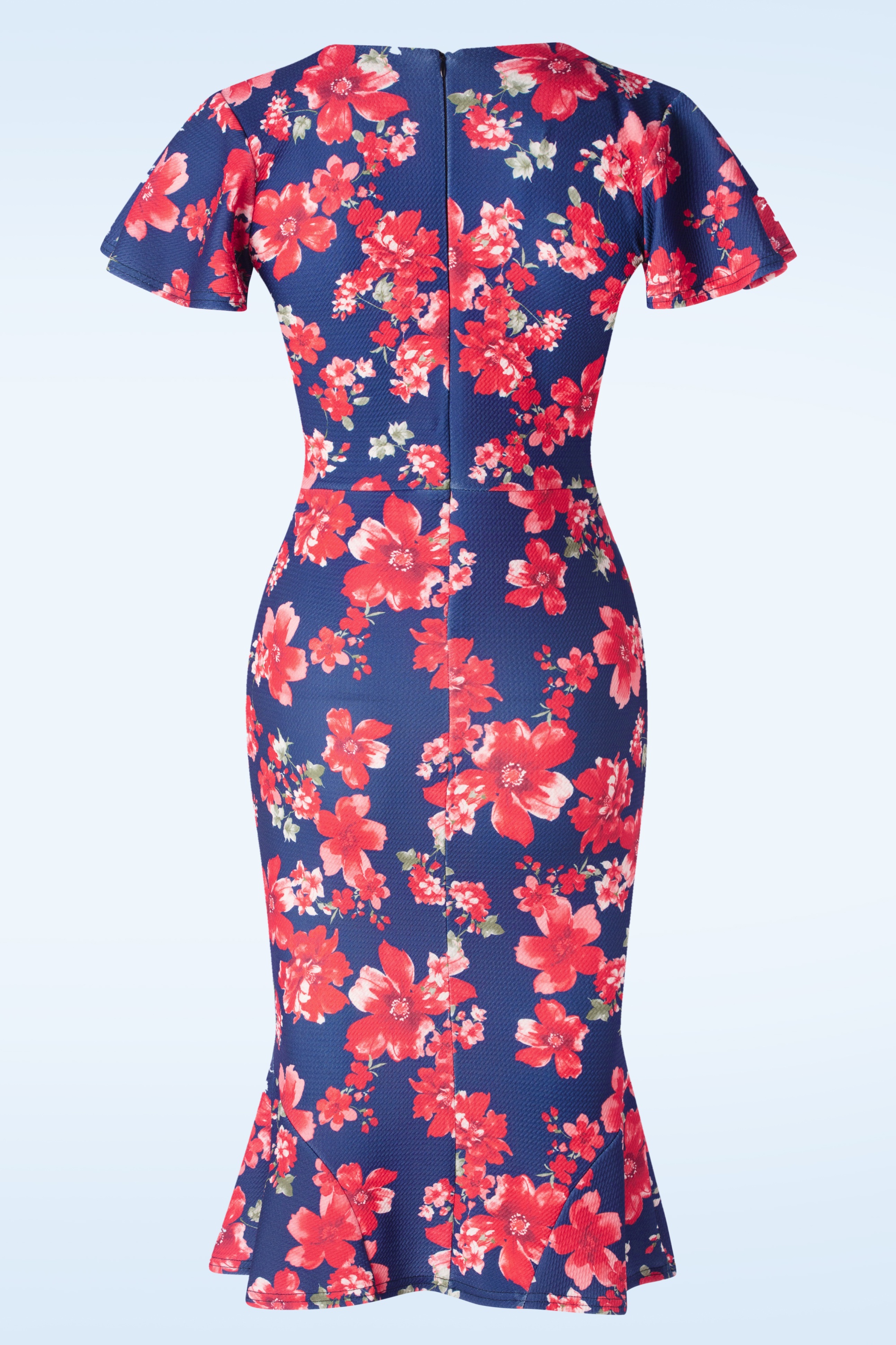 Vintage Chic for Topvintage - Katie Floral pencil jurk in marineblauw en rood 3