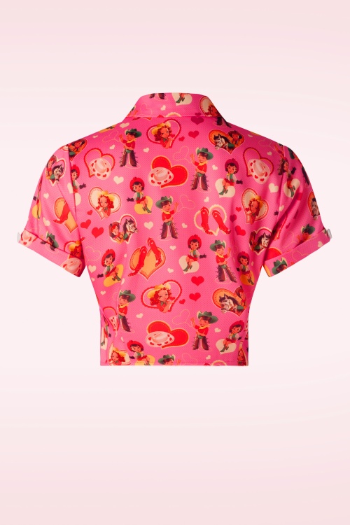 Vixen - Western Print Tie Front blouse in roze 2