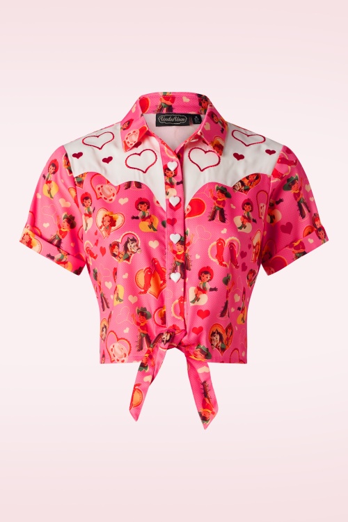 Vixen - Western Print Tie Front blouse in roze
