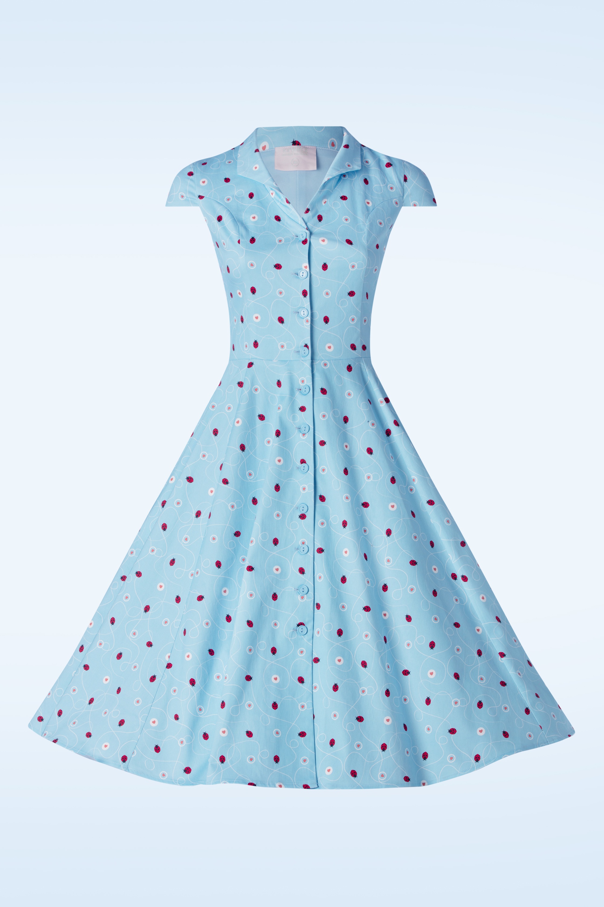 Topvintage Boutique Collection - Topvintage exclusive ~ Angie swing jurk in licht blauw met lieveheersbeestjes print  4