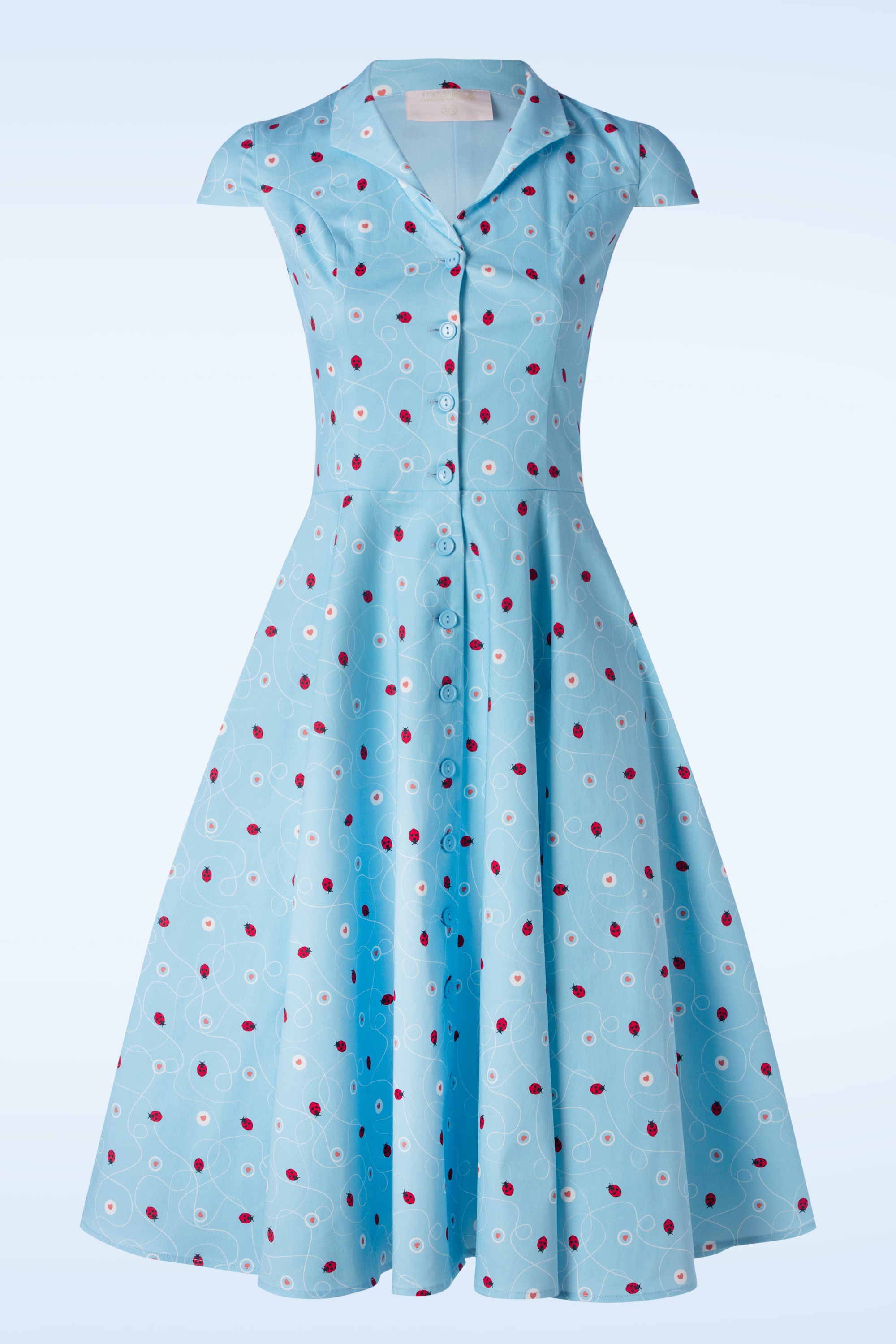 Topvintage Boutique Collection - Topvintage exclusive ~ Angie swing jurk in licht blauw met lieveheersbeestjes print  3